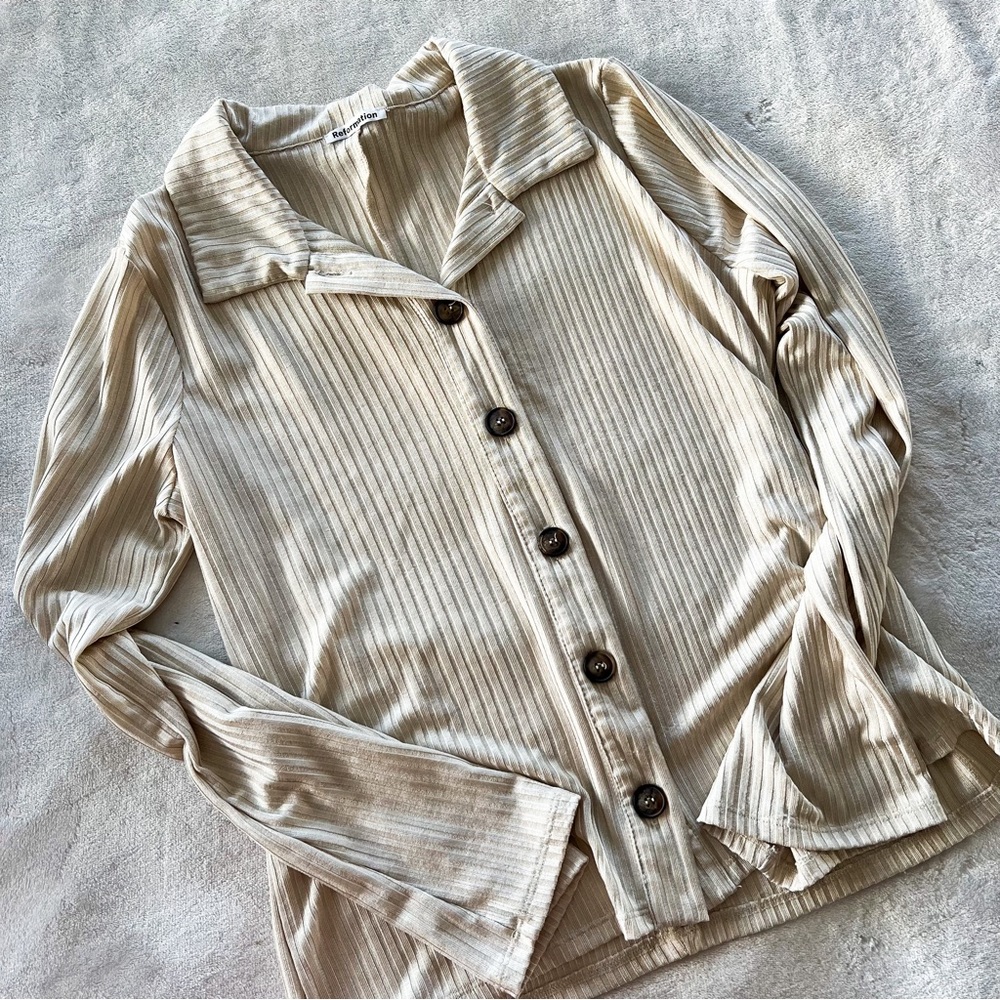 Reformation Cream Ribbed Button-Down Top - Picture 3 of 10